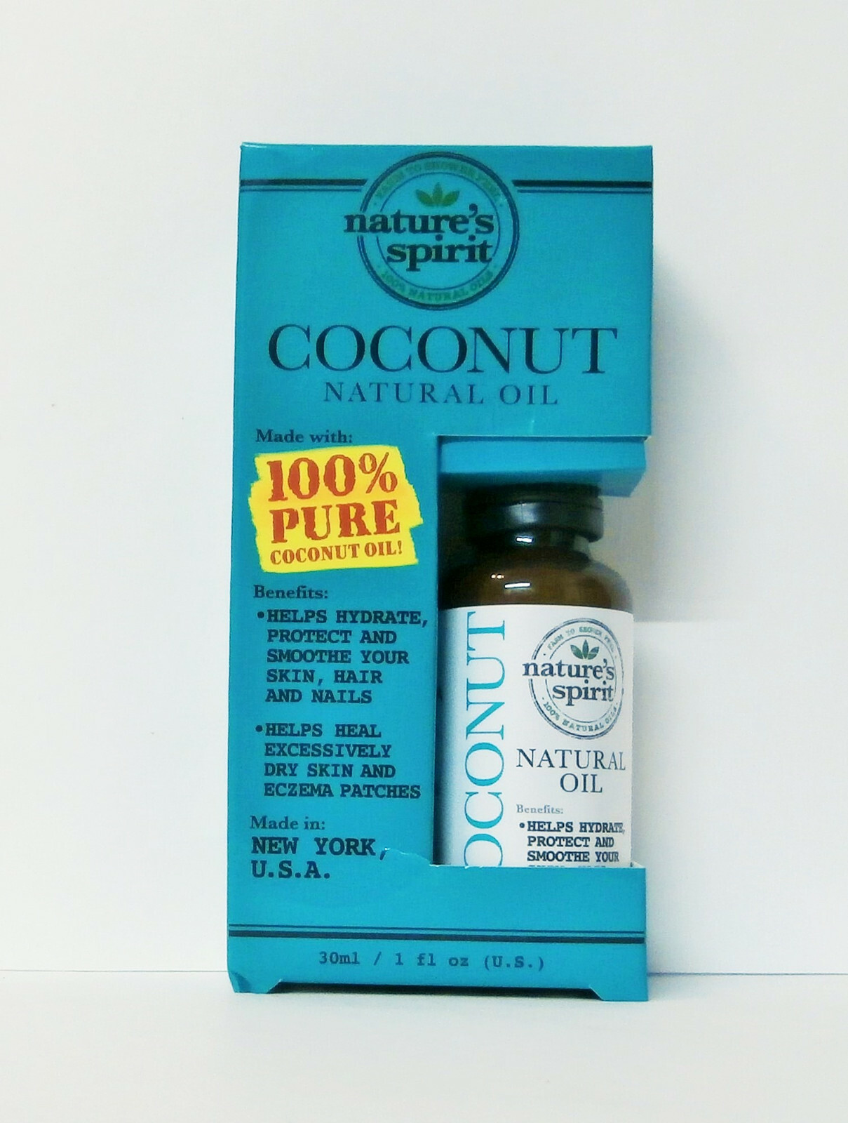 COCONUT Oil 100% PURE By nature’s spirit 1 fl oz / 30 ml NEW UNOPENED BOX