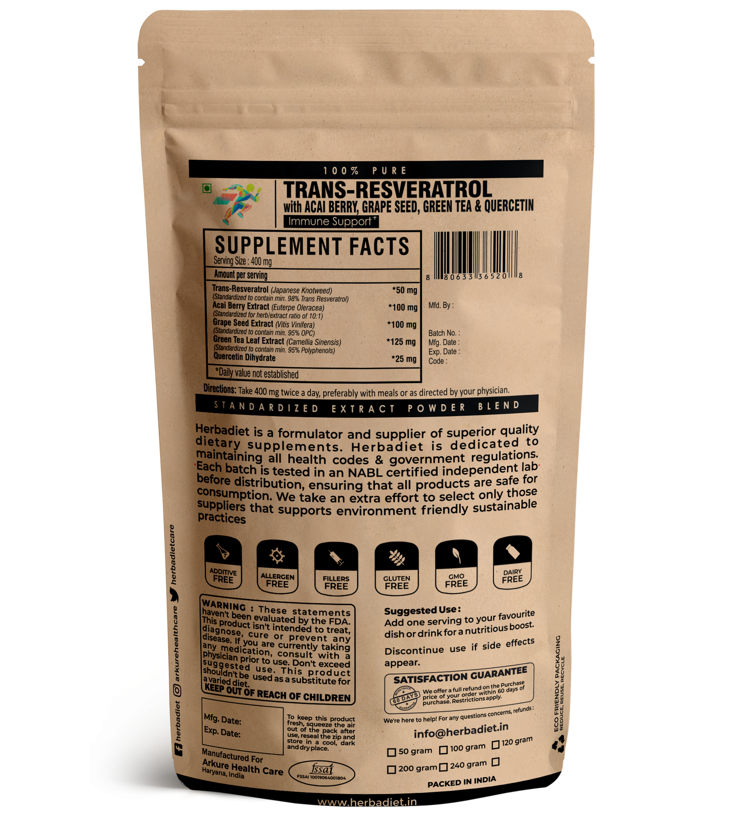 Resveratrol Powder 97% Antioxidant for Cardiovascular Health with Acai & Tea