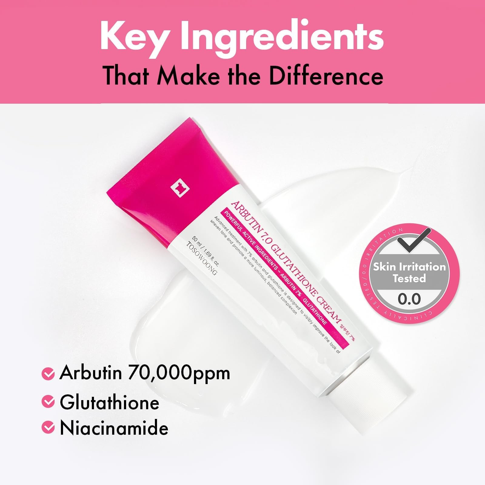 TOSOWOONG Arbutin 7% Glutathione Cream, 70,000ppm Arbutin + 5,001ppm Glutathi…