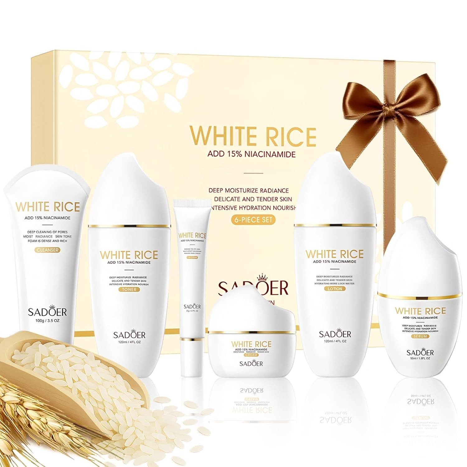 For SADOER 6pcs Rice Niacinamide Firming Skincare Kit – Full Daily Facial Rou…