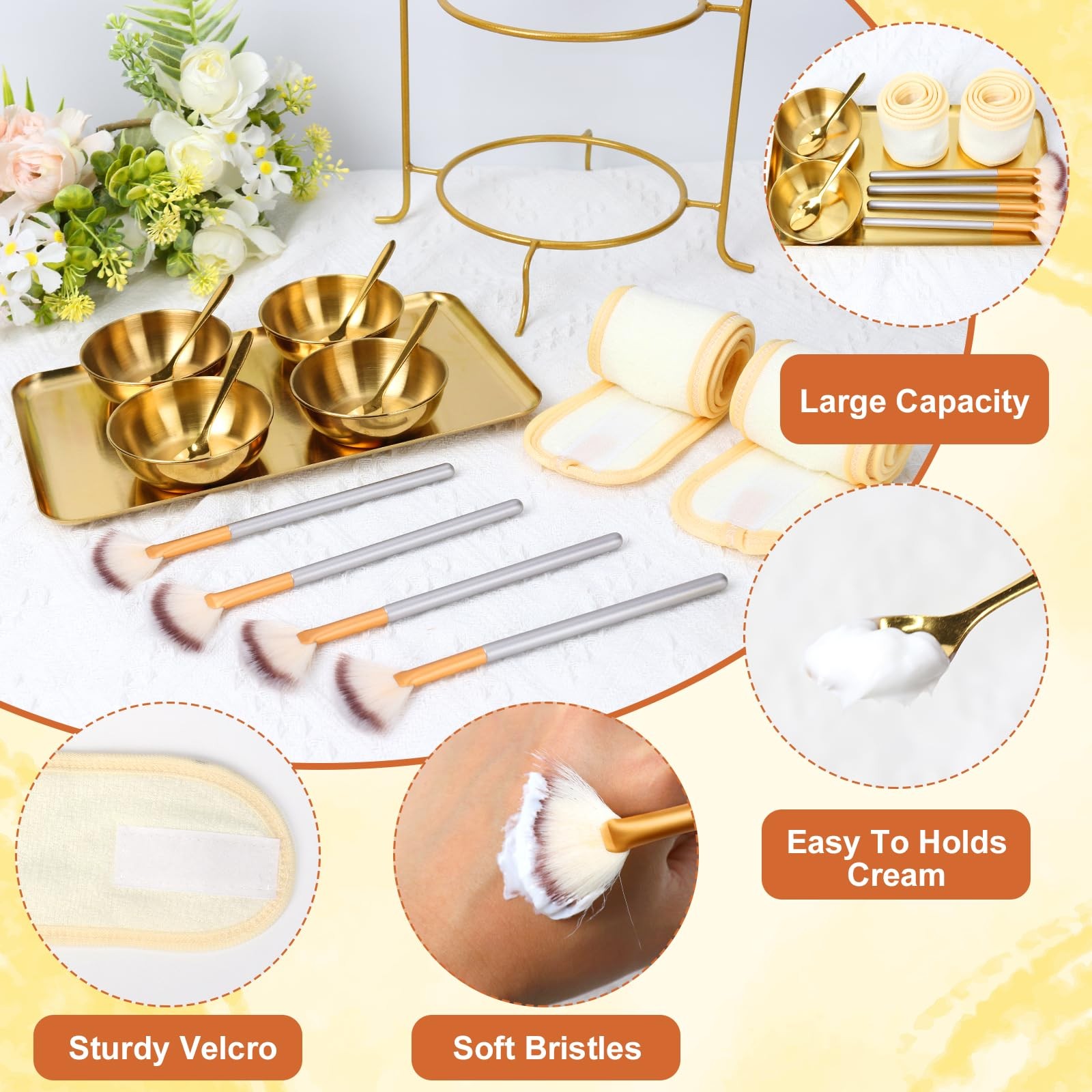 15 PCS Gold Esthetician Supplies 4 Fan Brush Applicator 4 Stainless Steel Mix…