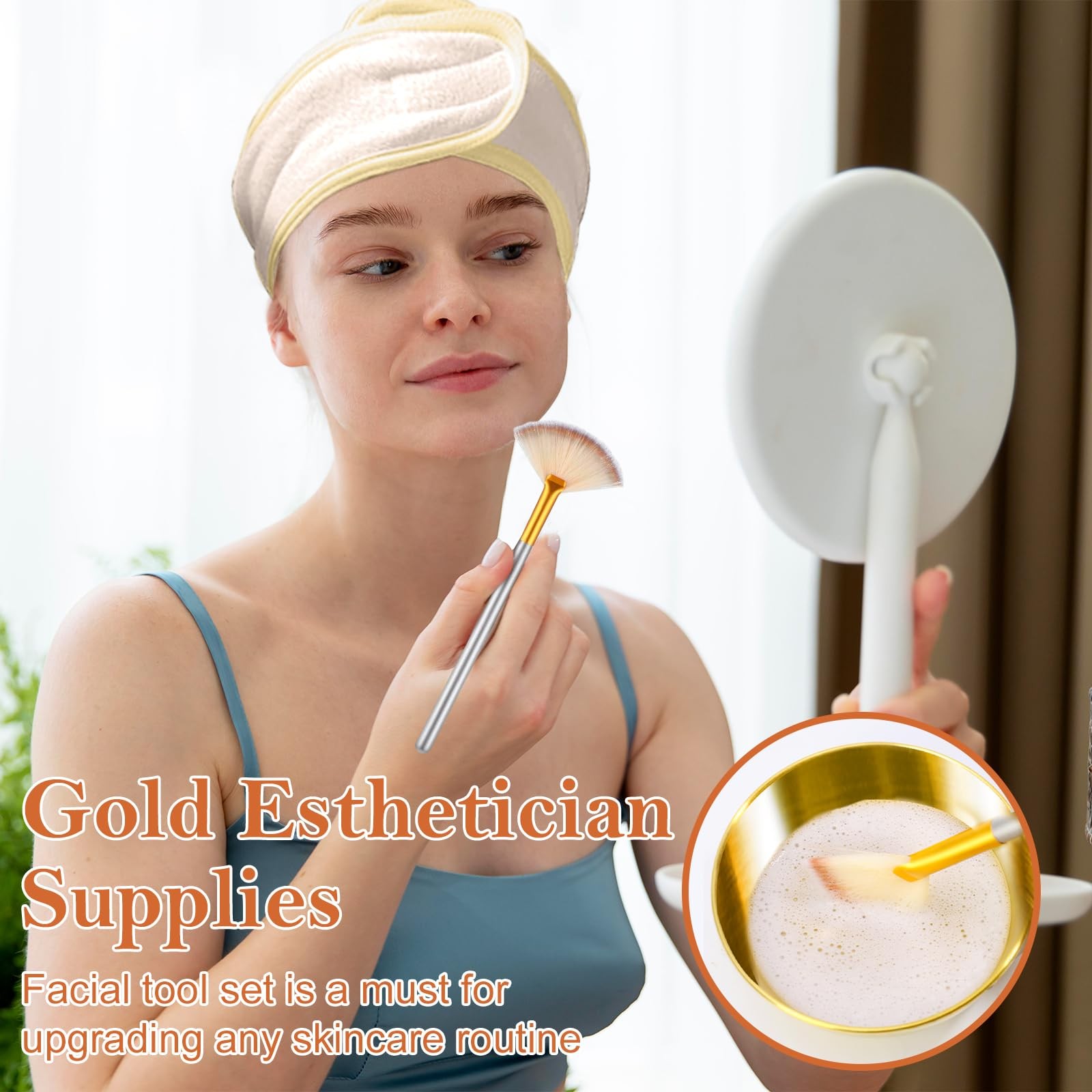 15 PCS Gold Esthetician Supplies 4 Fan Brush Applicator 4 Stainless Steel Mix…