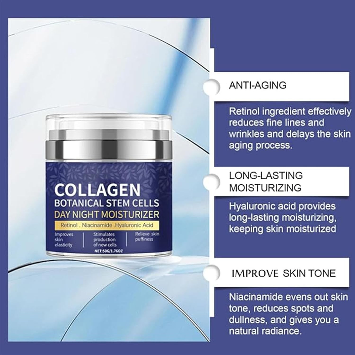 Collagen Face Cream with Airless Pump Anti-Aging Botanical Stem Cells 1.7oz