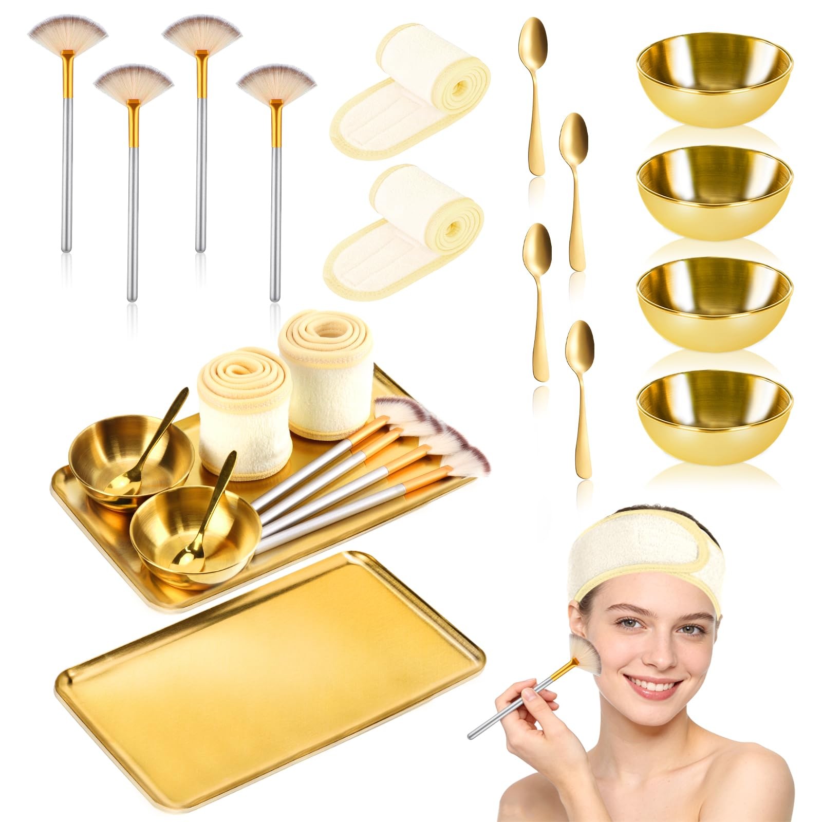 15 PCS Gold Esthetician Supplies 4 Fan Brush Applicator 4 Stainless Steel Mix…