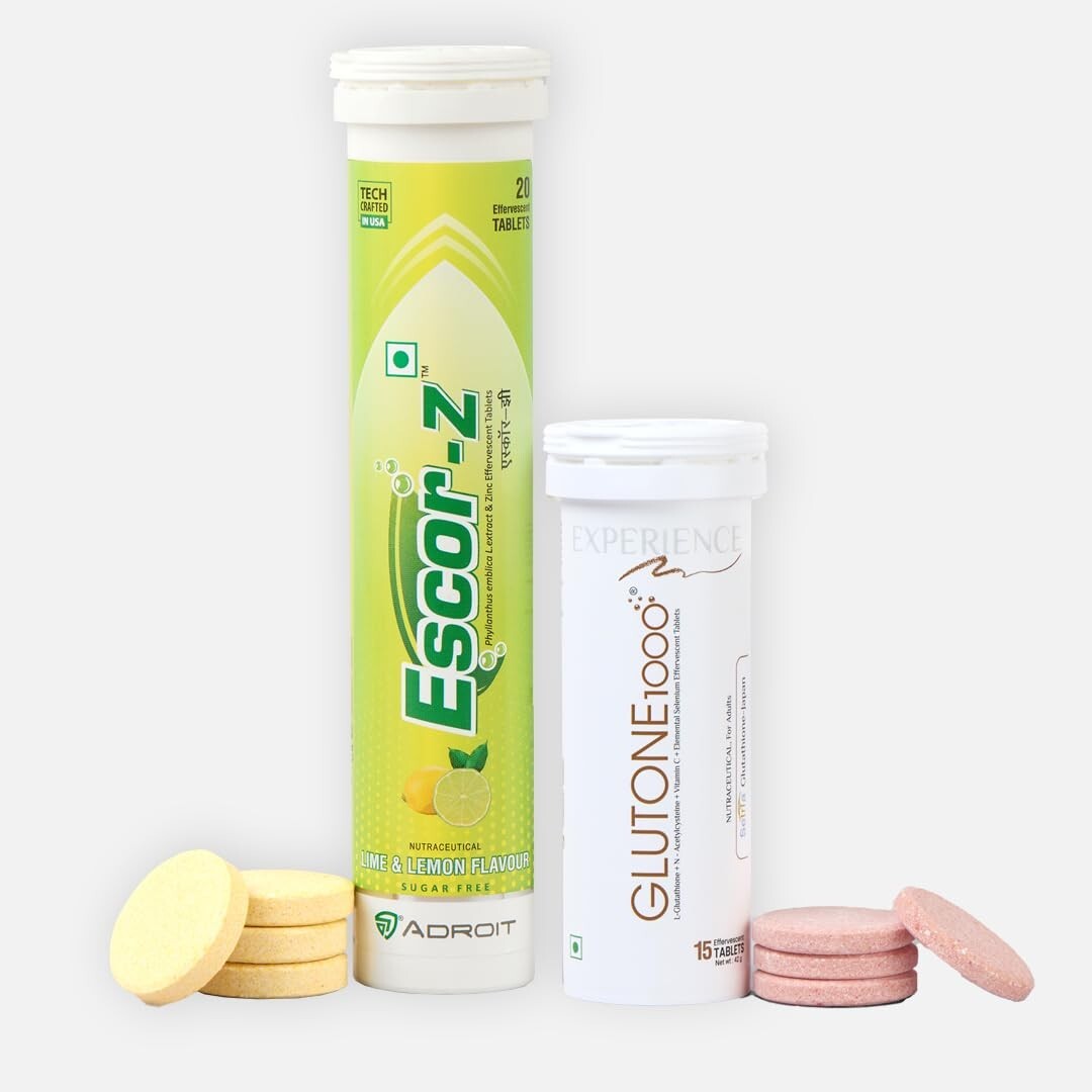 Glutone 1000 & Escor-Z Combo Pack| Setria L-Glutathione, Vitamin C Effervescent