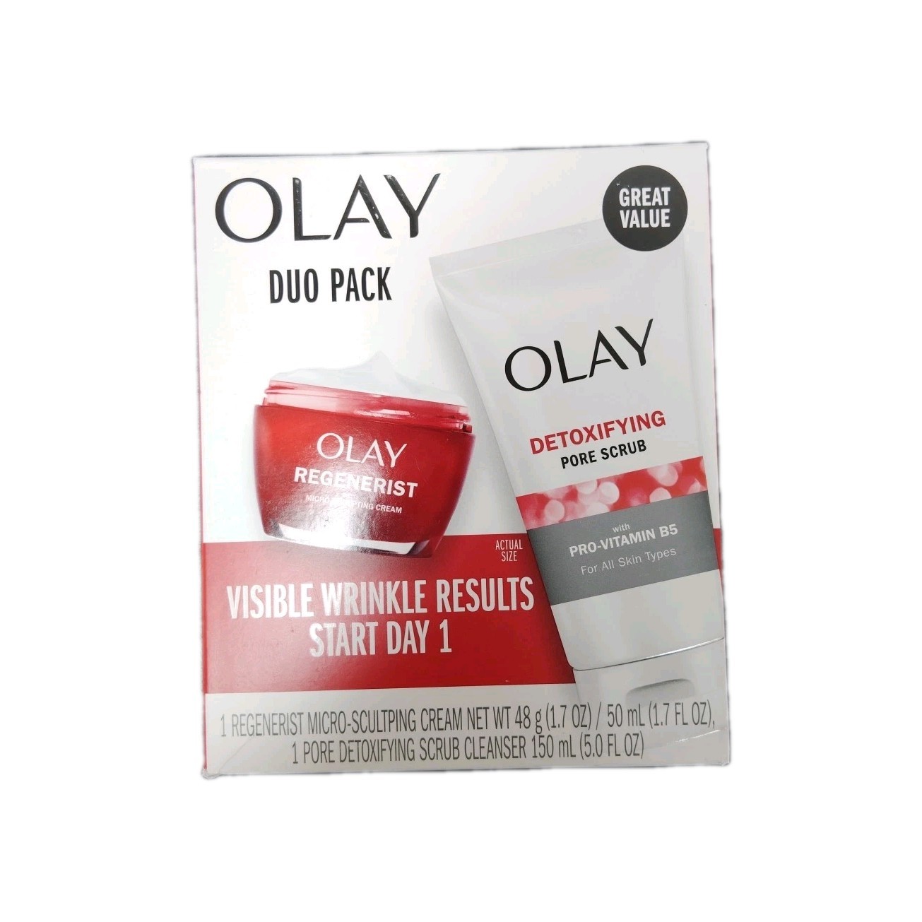 Olay Duo Pack Regenerist Micro-Sculpting Cream 1.7 OZ Detoxifying Pore Scrub 5oz