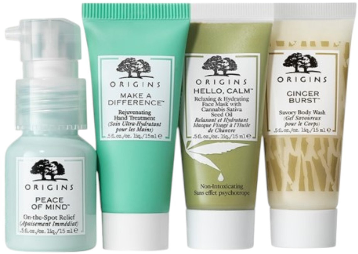 ORIGINS 4pcs SET: Peace of Mind, Hand Treatment, Mask, Body Wash .5oz /15mL each