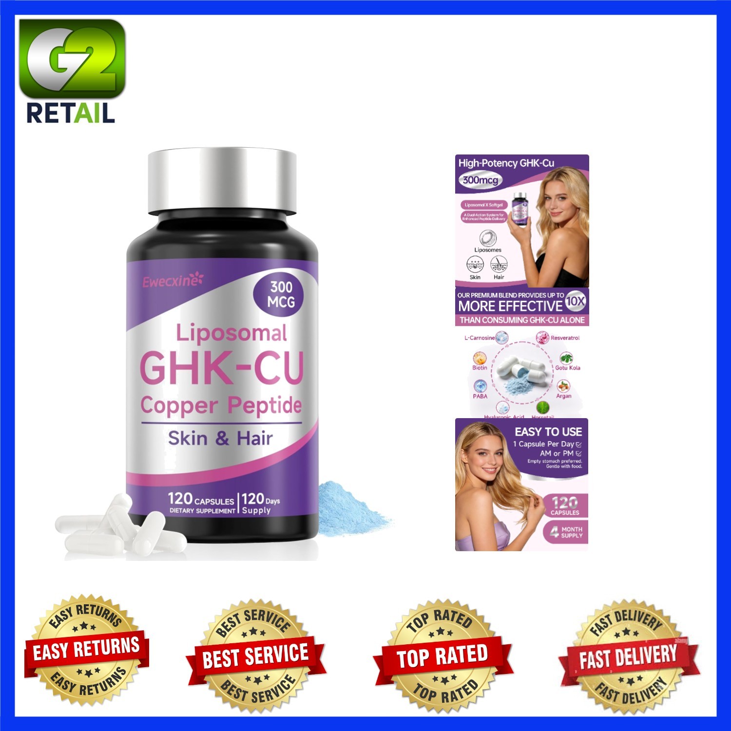 GHK-Cu Copper Peptide Supplement, 120 Capsules High Potency Promotes Skin