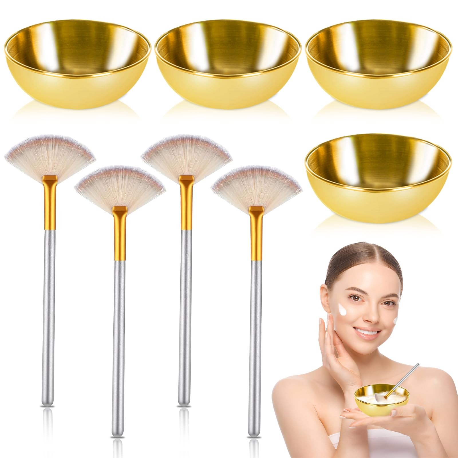 8 Pcs Gold Facial Bowl and Brush Set 4 Gold Stainless Steel Mixing Bowls 4 Fa…