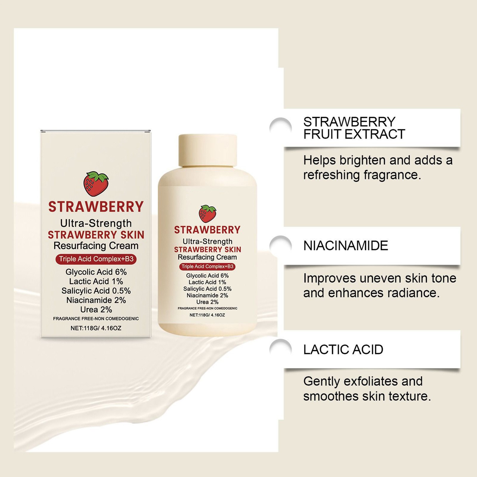 Strawberry Skin Resurfacing Cream, Soothing Moisturizer for Repair & Nourishment