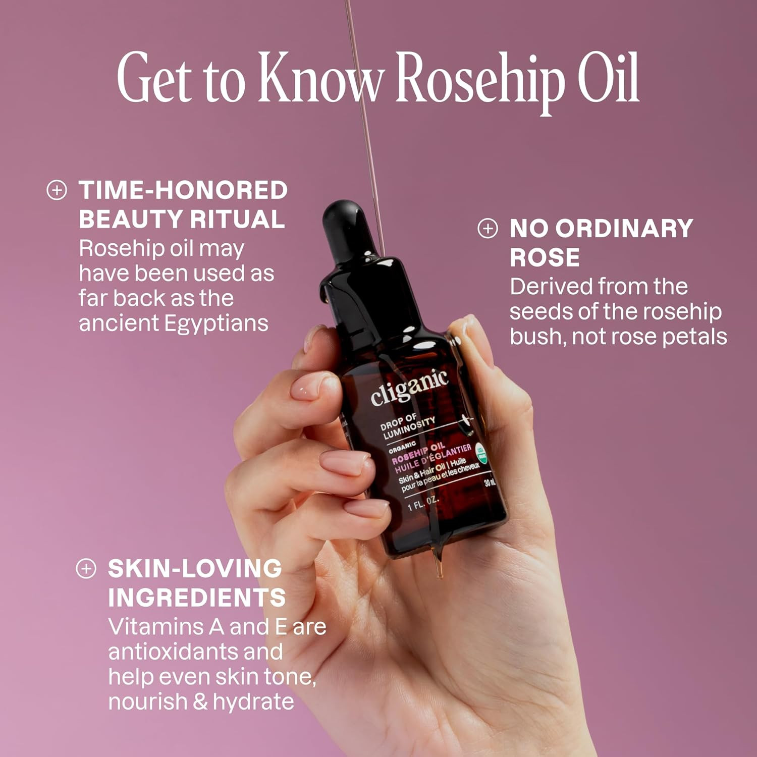 Organic Rosehip Seed Oil for Face, 100% Pure | Natural Cold Pressed Unrefined No
