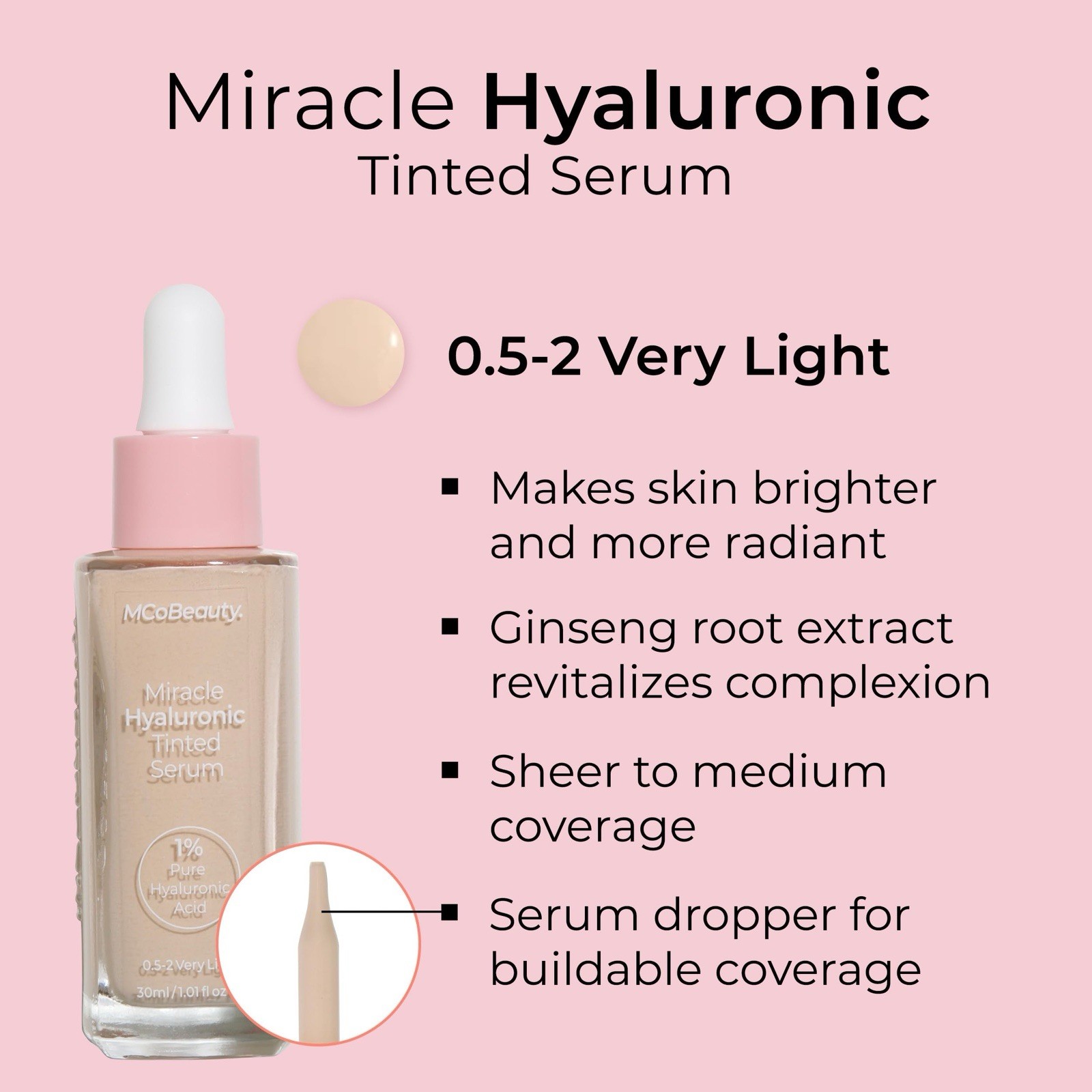 MCoBeauty Miracle Hyaluronic Tinted Serum, 0.5-2 Very Light , Hydration and Gl