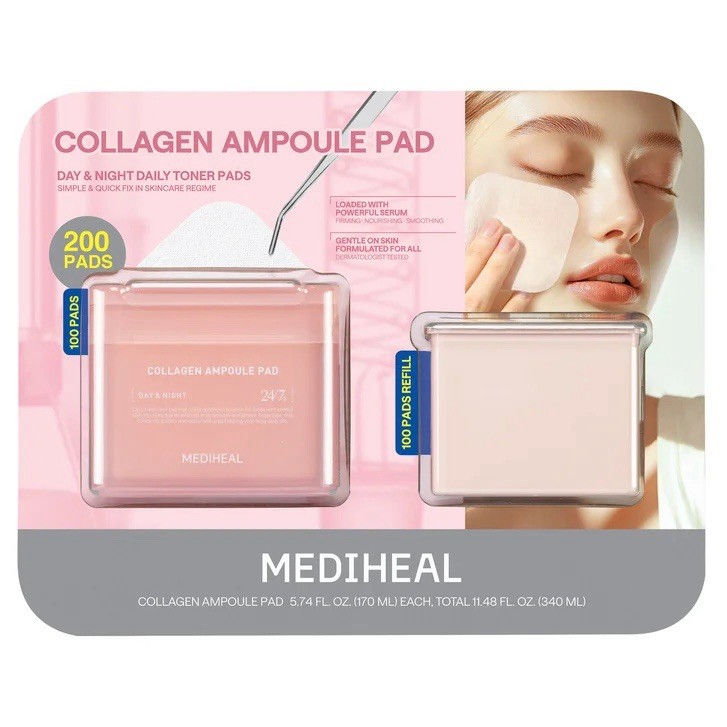 MEDIHEAL Collagen Ampoule Pad Facial Toner Pads Collagen & Ceramide 100CT + 100