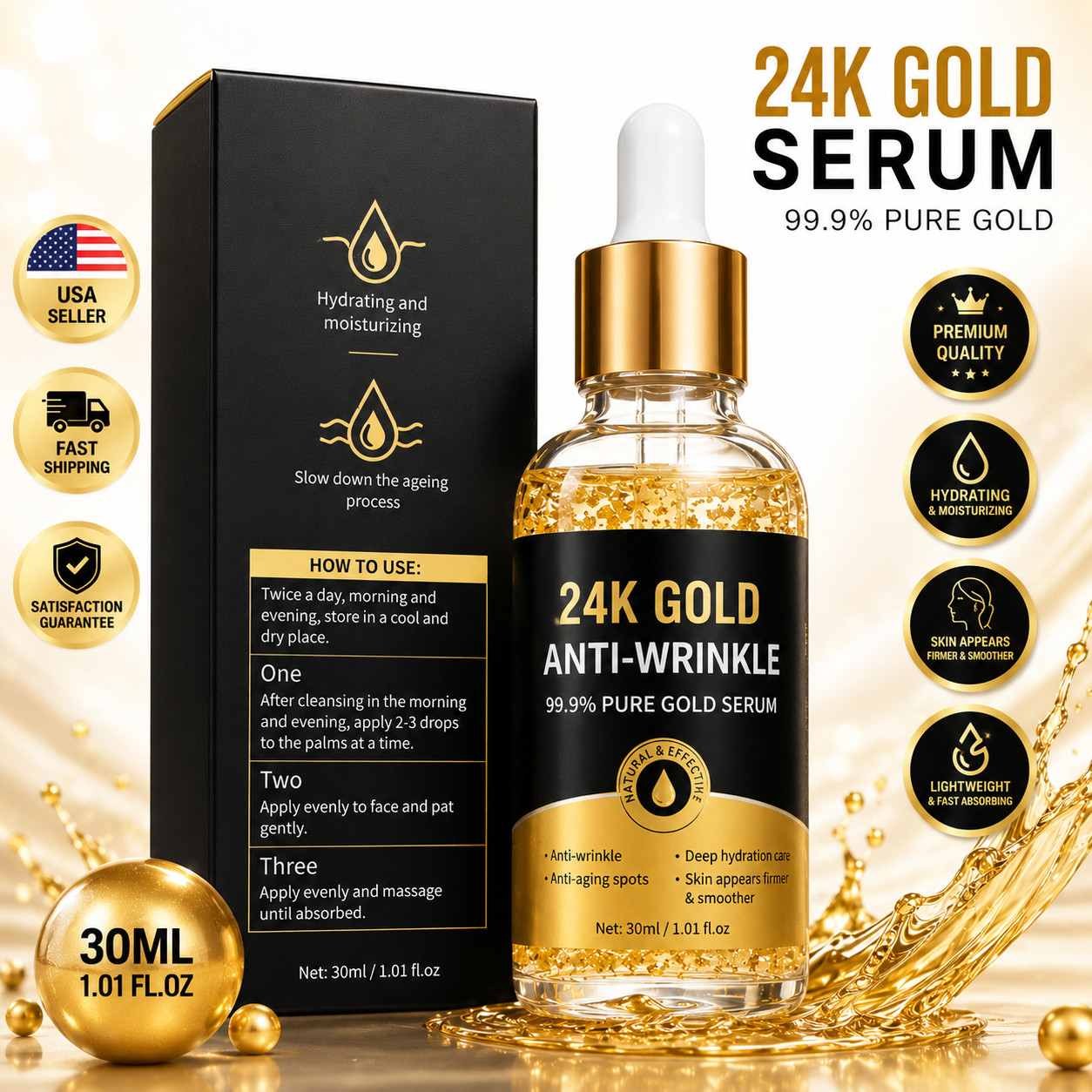 24K Gold Facial Serum Anti Wrinkle Hydrating Face Serum with Gold Flakes 30ml