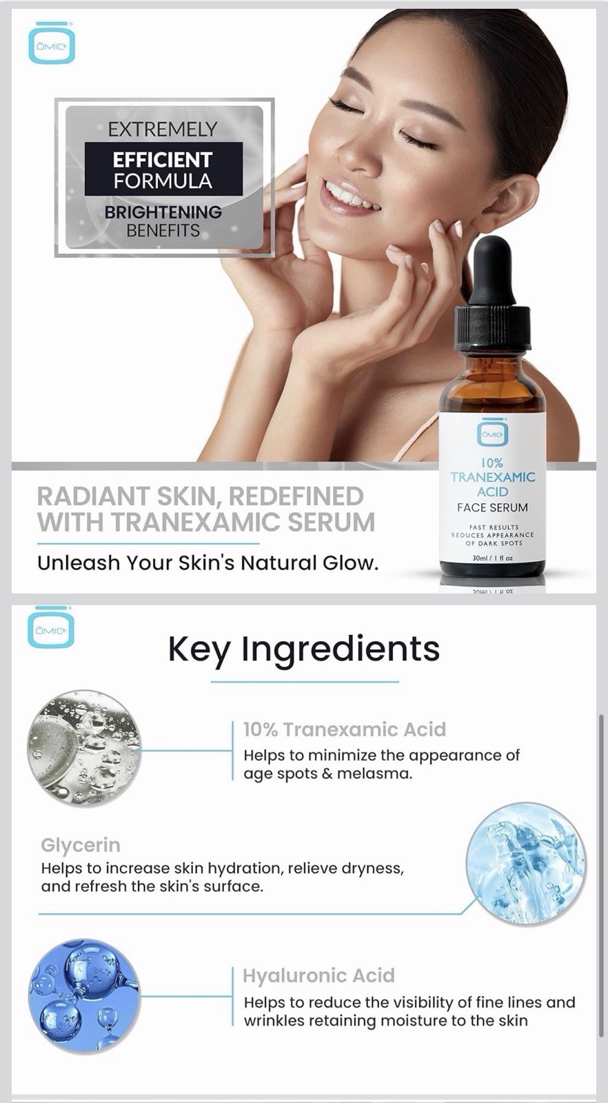 OMIC+ 10% Tranexamic Acid Face Serum | 10 mL/ 0.33 fl Oz | Exp 11/30