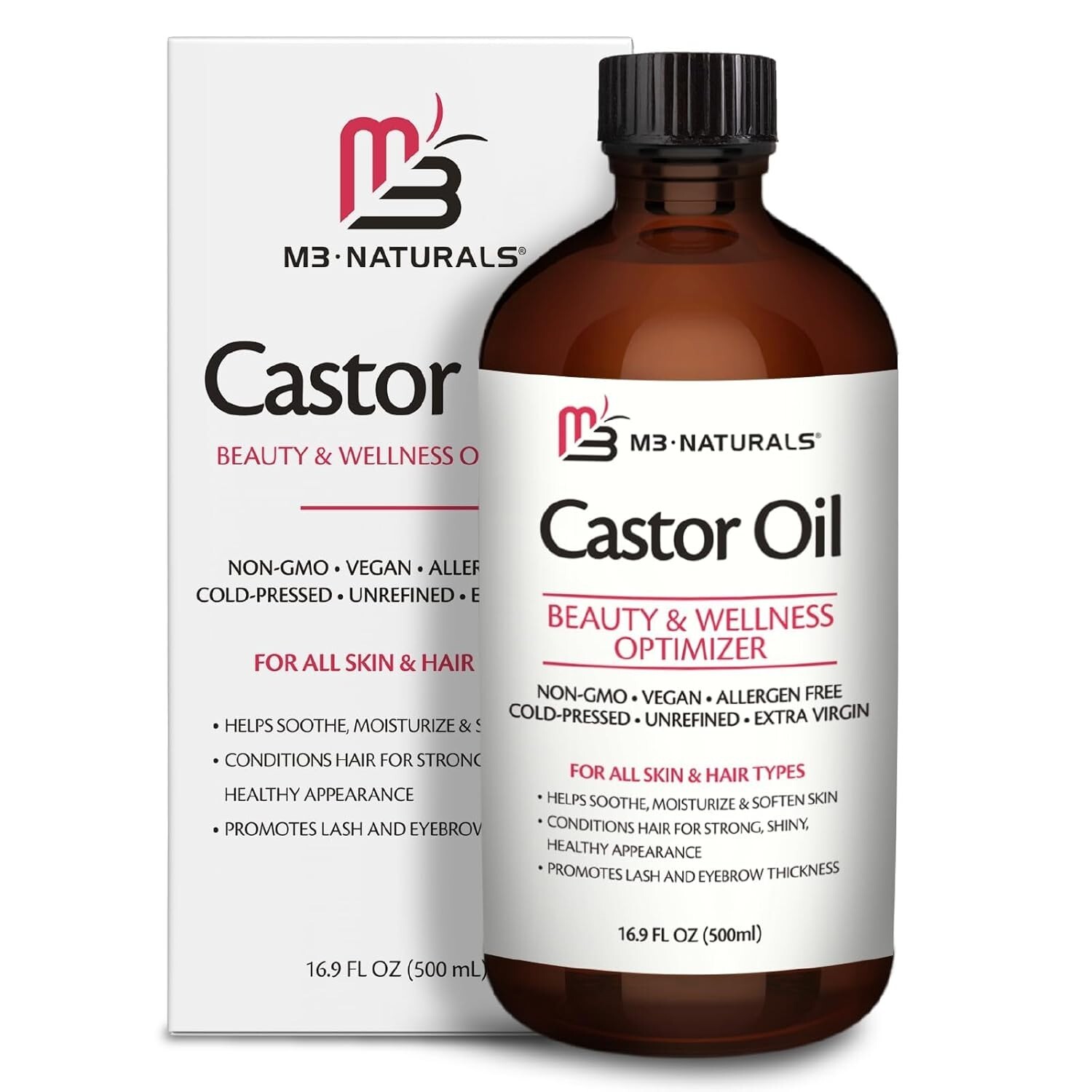 M3 Pure Hexane-Free Cold Pressed Castor Oil 500mL Glass Bottle for Hair