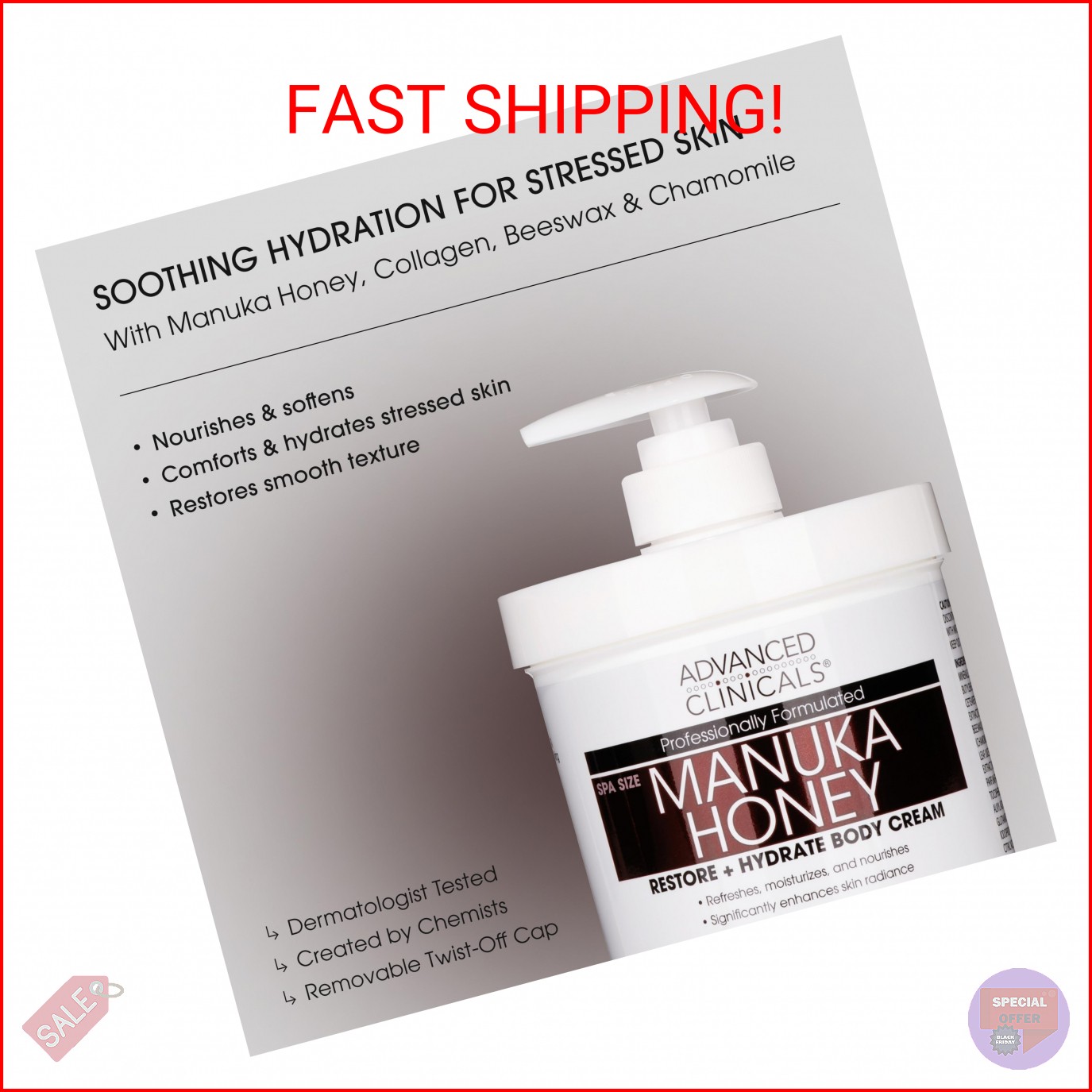 Advanced Clinicals Manuka Honey Body Cream For Women & Men | Body Butter Lotion