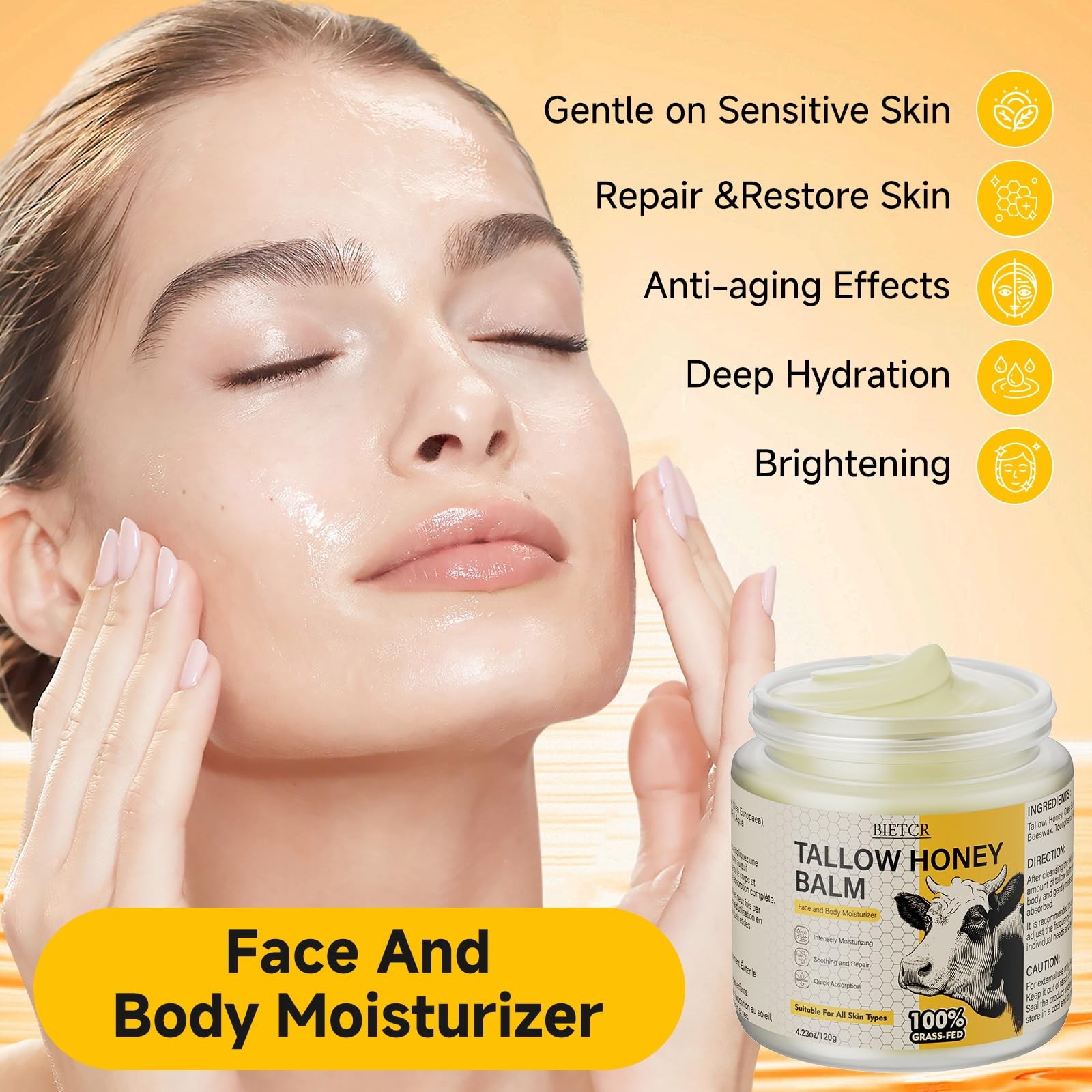 Beef Tallow for Skin,Body,Tallow Face Moisturizer for Eczema,Lip Balm,Whipped…
