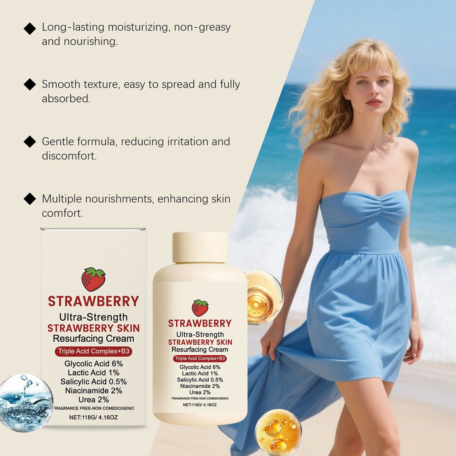 Strawberry Skin Resurfacing Cream, Soothing Moisturizer for Repair & Nourishment