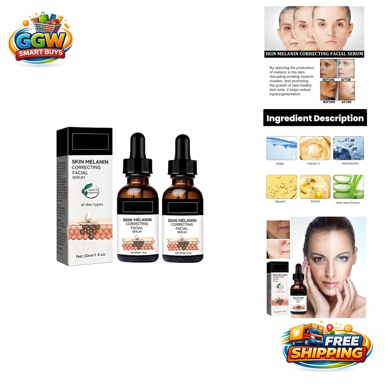Brightening Melanin Correcting Facial Serum – 2pc Daily Dark Spot Solution
