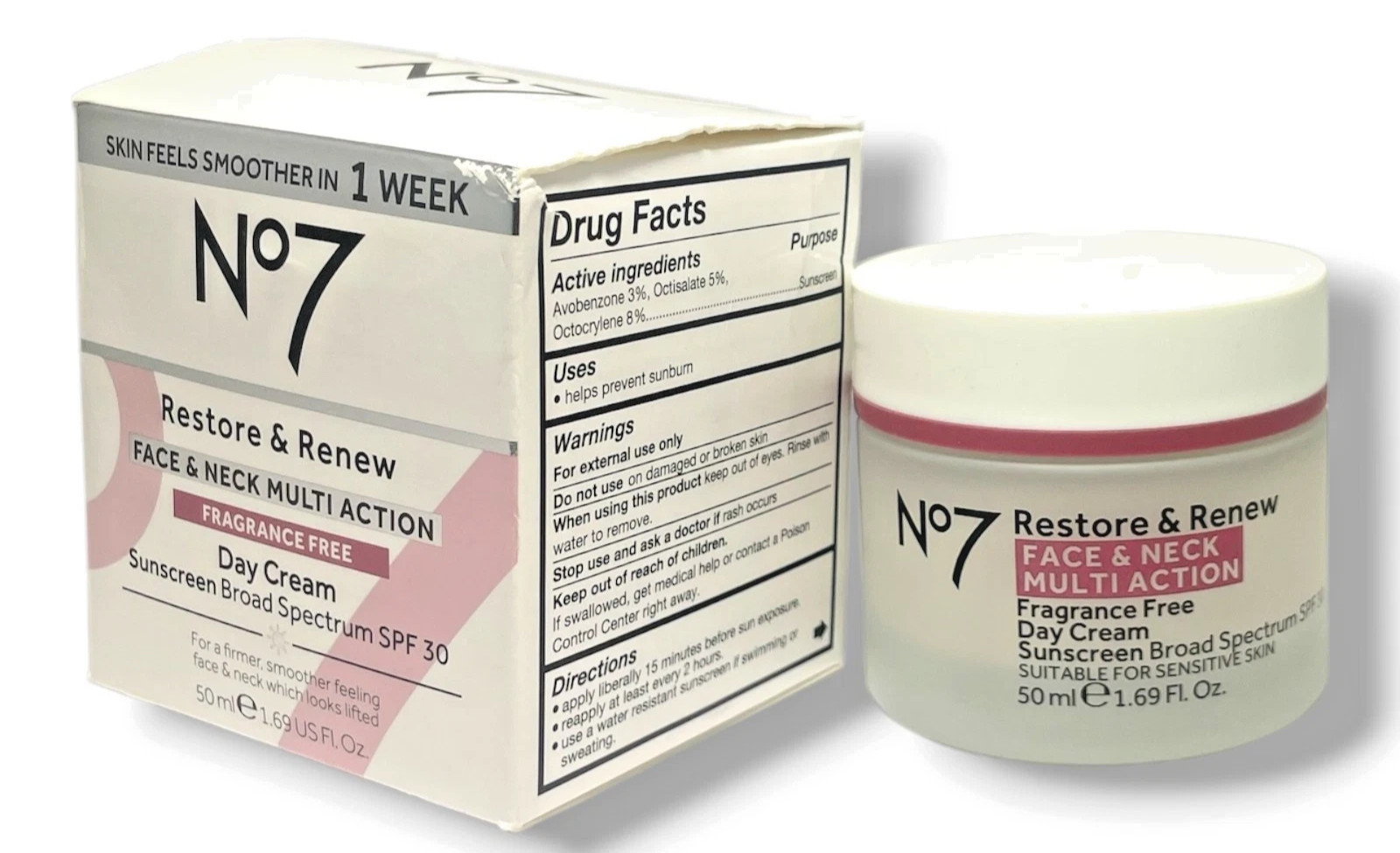 No7 Restore & Renew Face & Neck Multi Action Day Cream SPF30 Fragrance Free 50ML