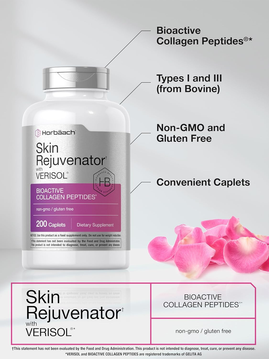 Skin Rejuvenator Bioactive Collagen Peptides Type I & III, 200 Caplets, Non-GMO