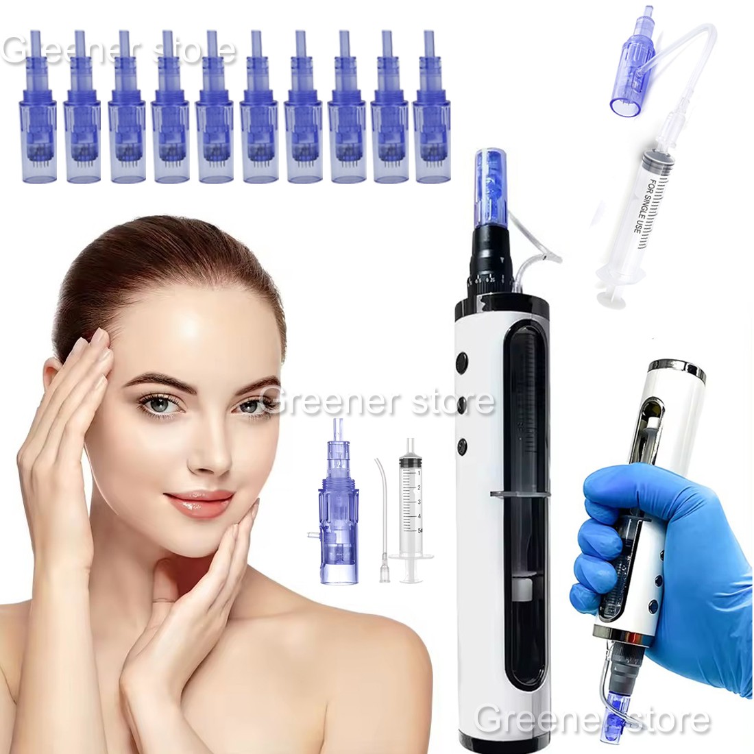 Micro Pen Mesotherapy & 10Pcs 42Pin Replacement Needle Cartridges Tips Face Care