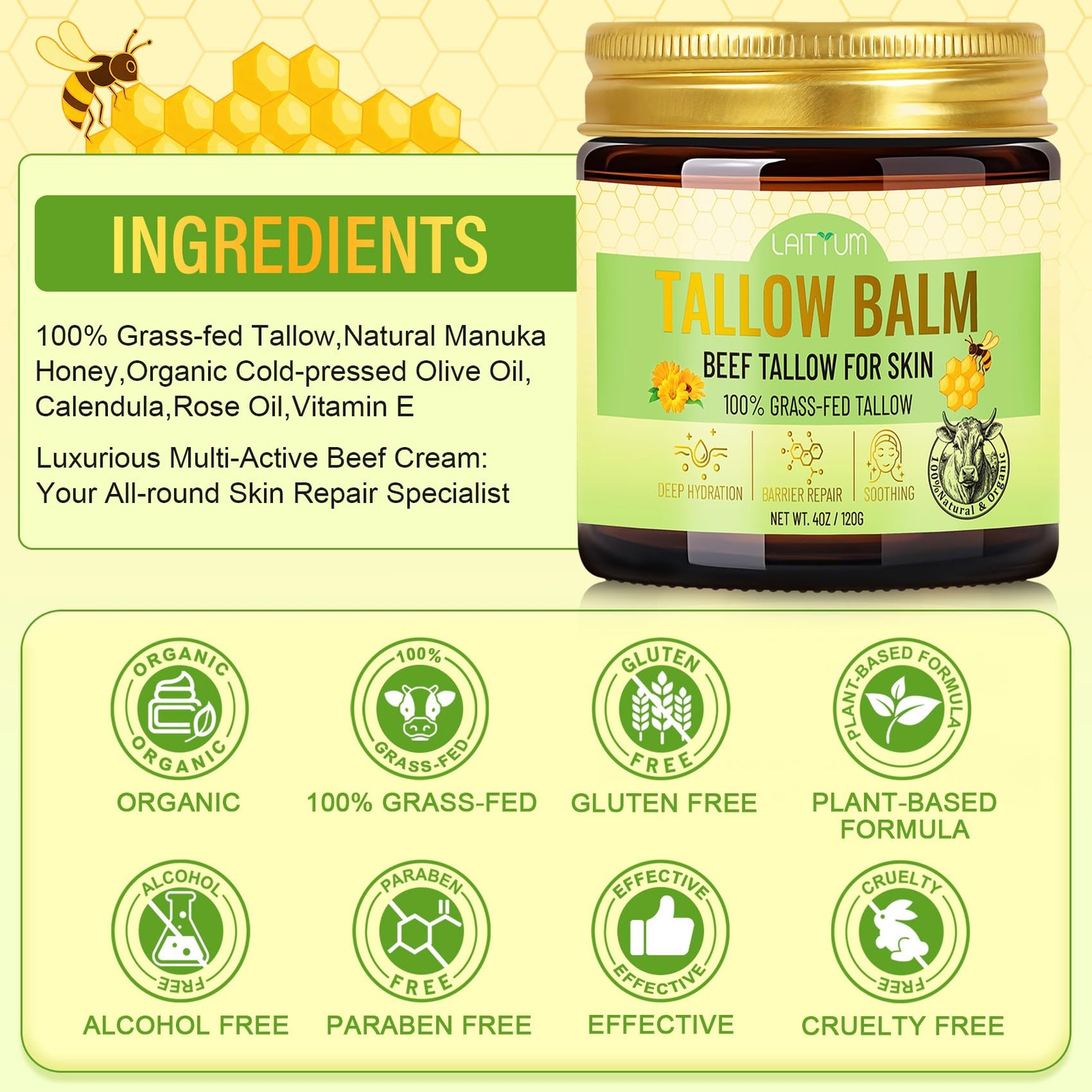 LAITYUM Beef Tallow for Skin -4oz Organic and 4 Fl Oz (Pack of 1)