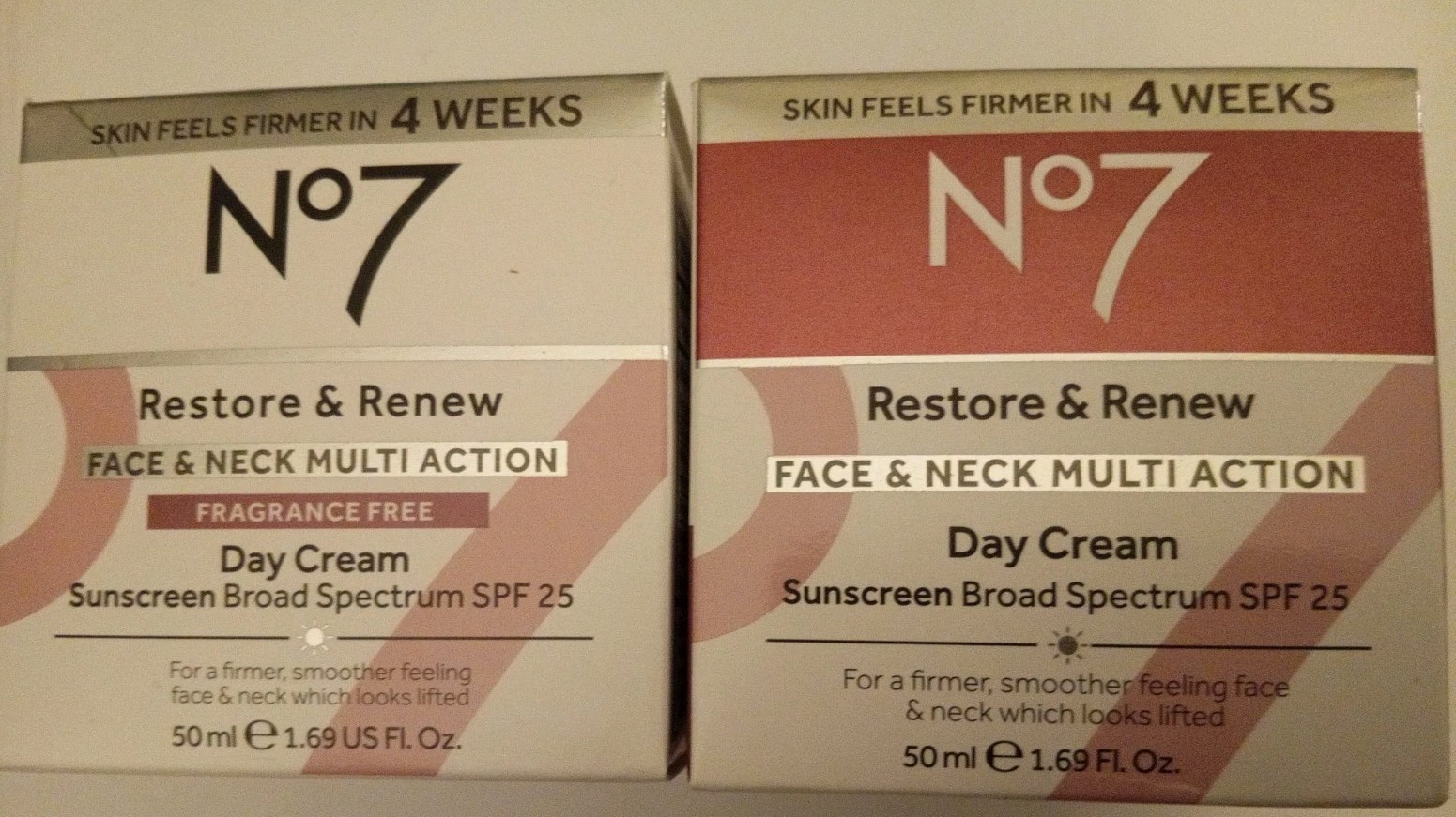 Lot Of 2 No7 Restore & Renew Day Cream SPf25 Fragrance Free & Non Fragrance