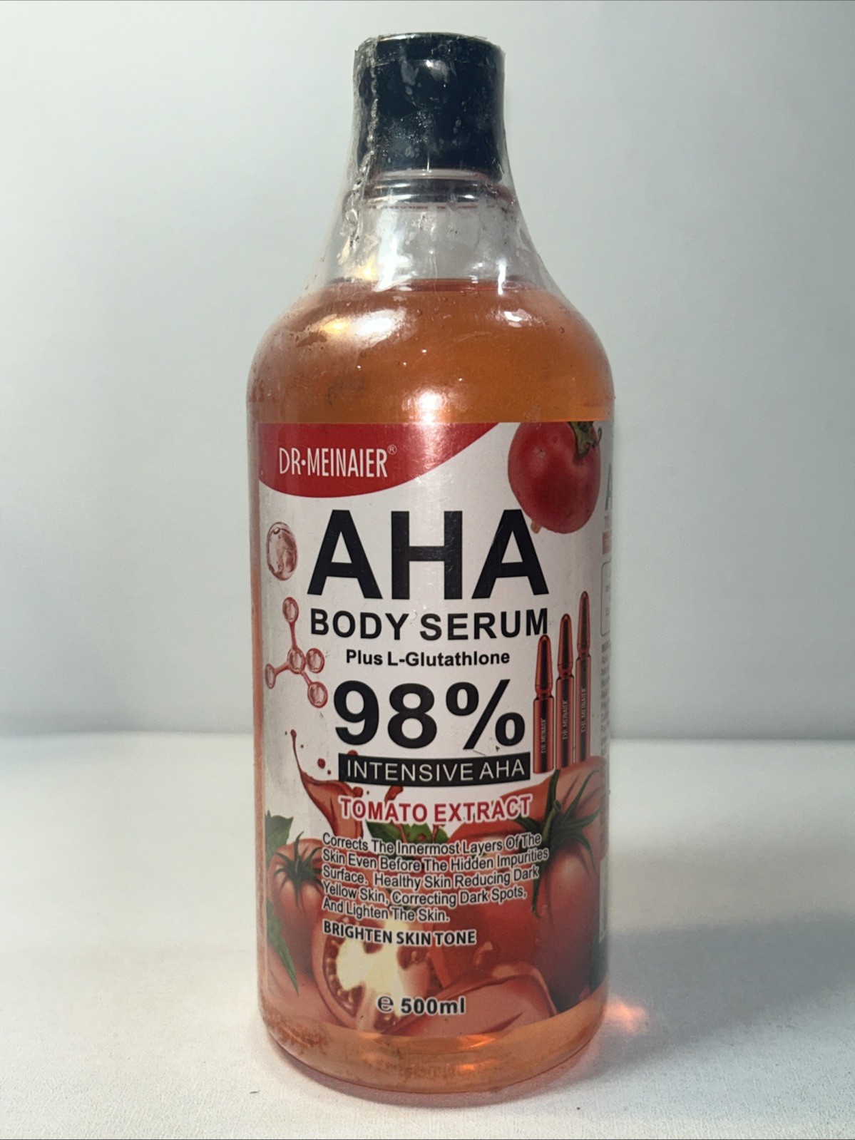 Sealed AHA Tomato Extract Body Serum, 500 mL, Damaged Outer Packaging, Cap Crack