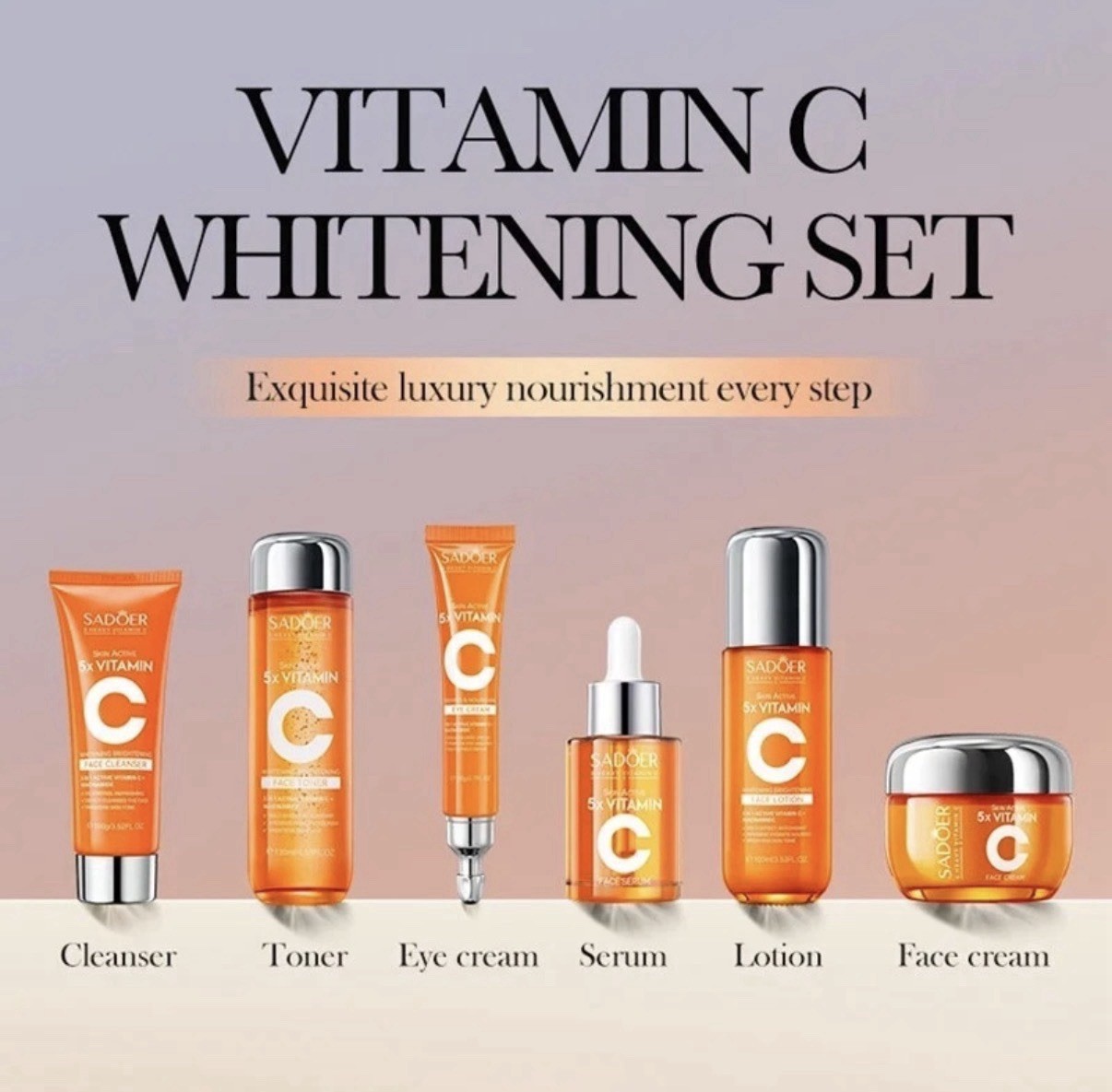 6pcs/Set SADOER Vitamin C Skin Care Sets Face Cream Facial Cleanser Serum Toner
