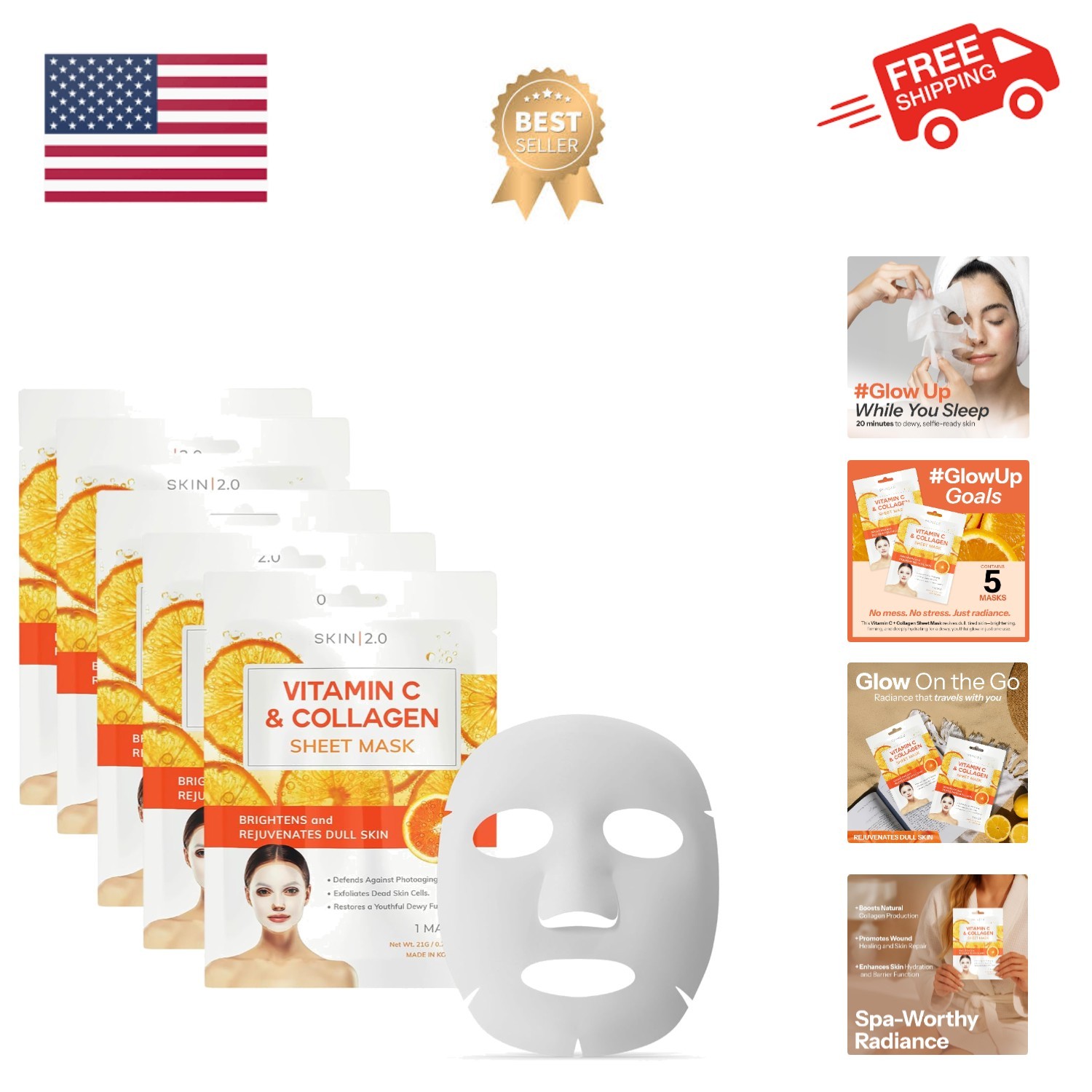Vitamin C & Collagen Sheet Mask – Anti-Aging, Wrinkle & Age Spot Reducer, Hyd…