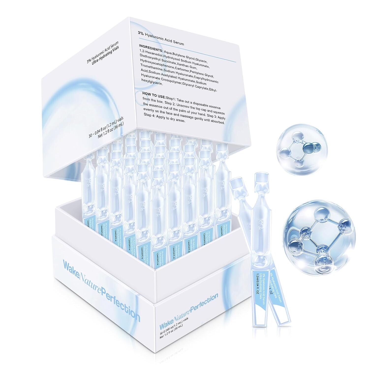 30PCS 3% Hyaluronic Acid Serum Vials – Moisturizing, Firming, Single-Use Tubes
