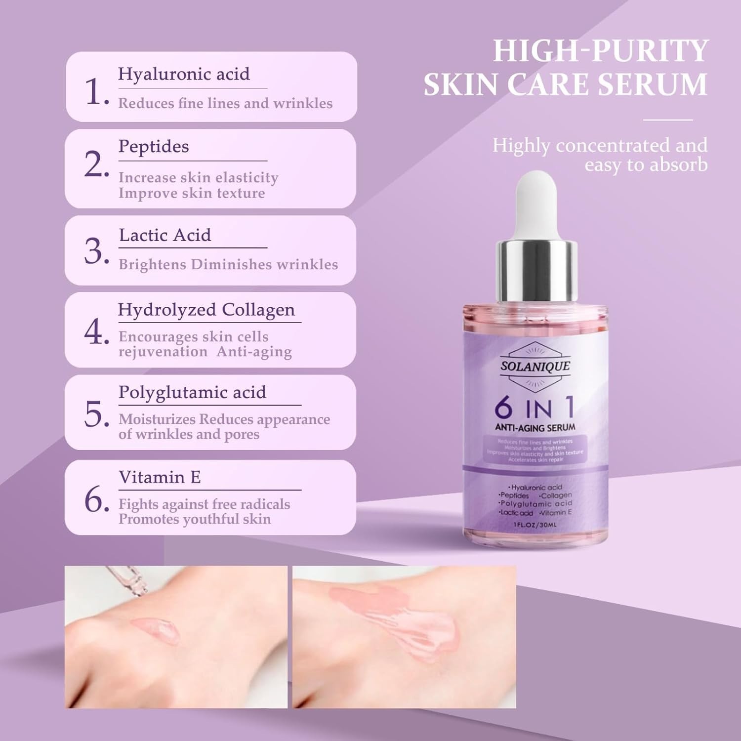 6 in 1 Anti-Aging Face Serum with Hyaluronic Acid, Peptides, Collagen, Vitamin E