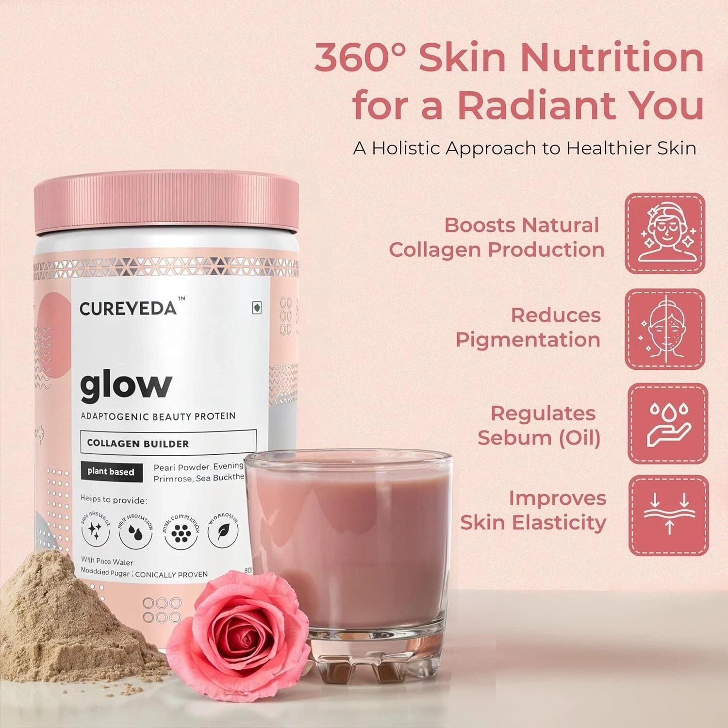 Cureveda Glow Veg Collagen Builder Powder for Brighter Skin No Added Sugar 300g