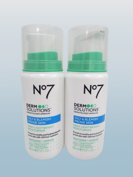 NO7 DERM SOLUTIONS OILY & BLEMISH PRONE SKIN LIGHTWEIGHT MOISTURISER 3 OZ 2PCS