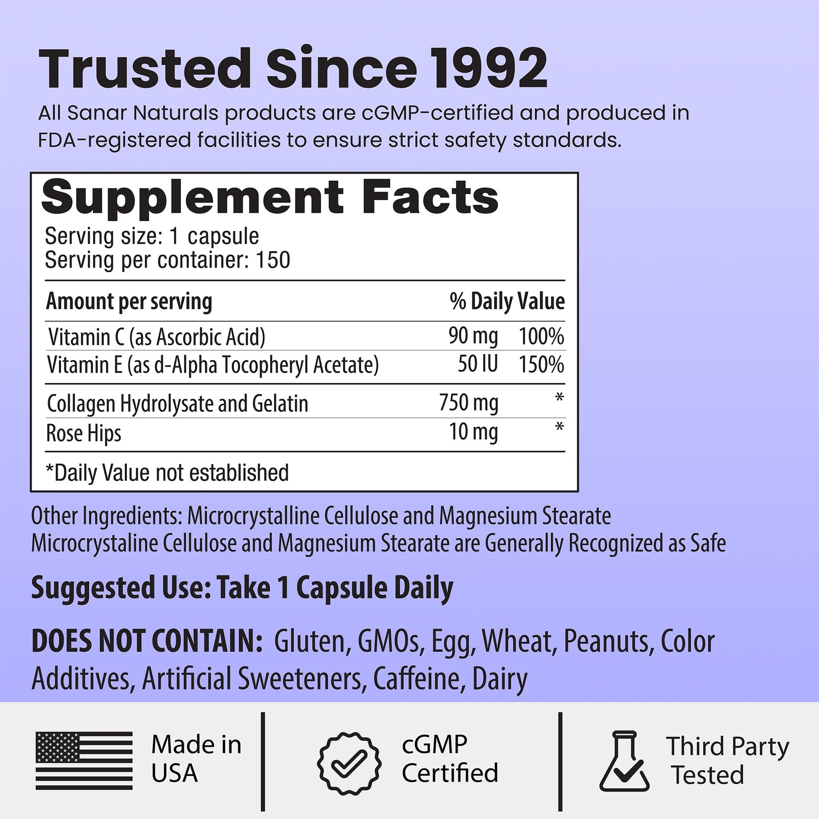Sanar Naturals Collagen Pills with Vitamin C, E 150 Count (Pack of 1), Purple
