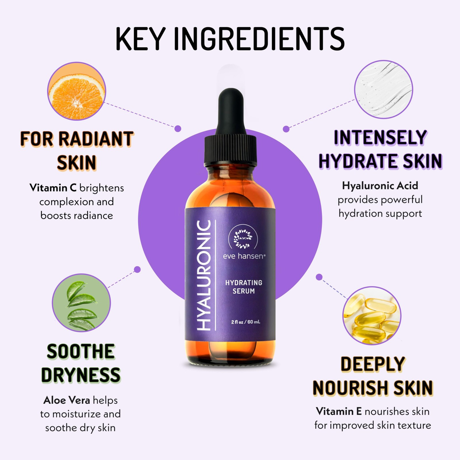 Eve Hansen Hyaluronic Acid Face Serum W/ Vitamins C & E Anti-Aging 2Oz