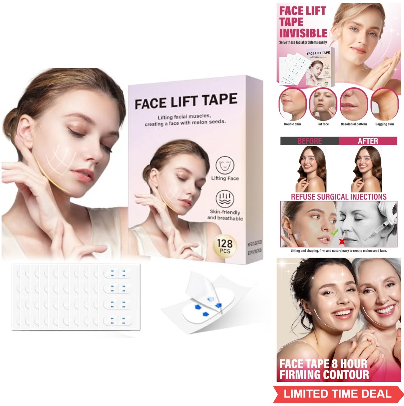 Face Lift Tape Invisible 128ct Breathable Waterproof 8 Hour Hold Jawline