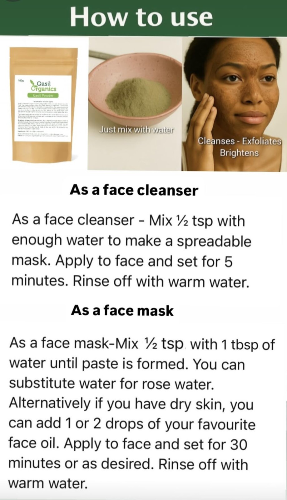 – 100% Pure Qasil Leaf Powder – Deep Pore Cleansing Facial & Body Mask– Clear…