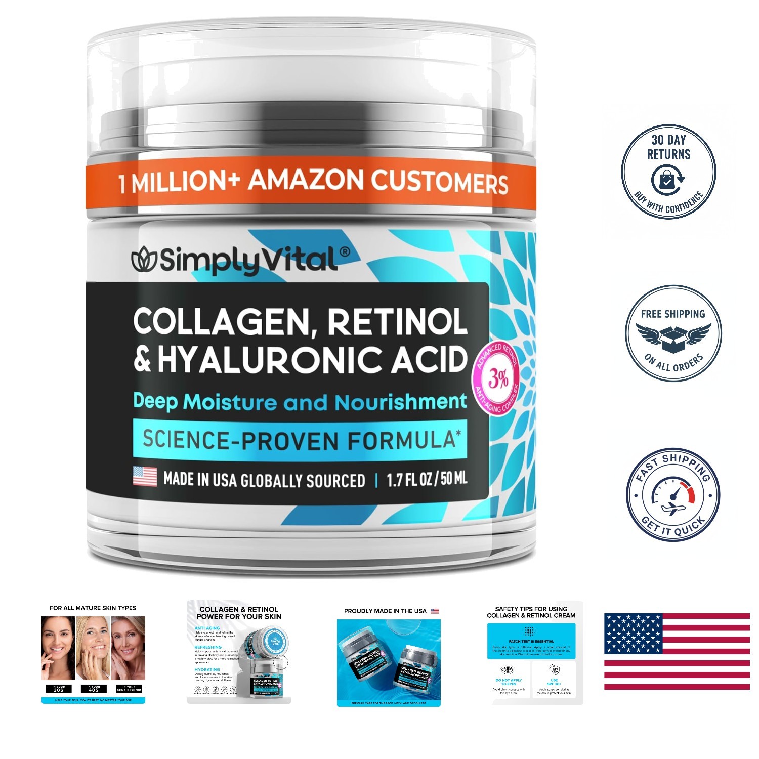 Hyaluronic Acid & Retinol Anti-Aging Cream for Face, Neck & Décolleté – 1.7 oz