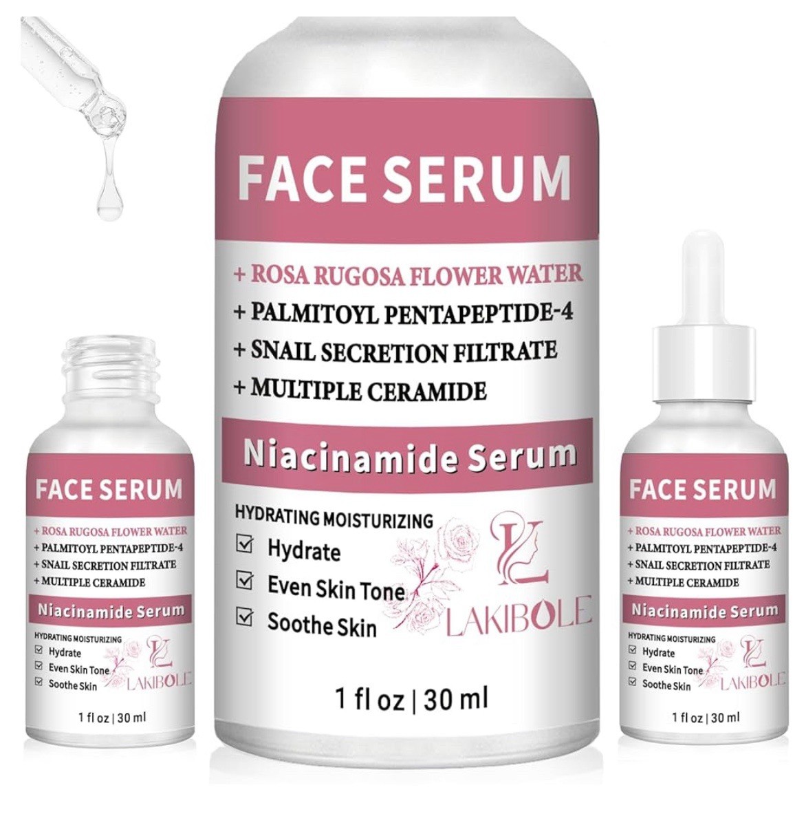 LAKIBOLE 3 Pack 5% Niacinamide Serum with 5% Damascus Rose Floral Water