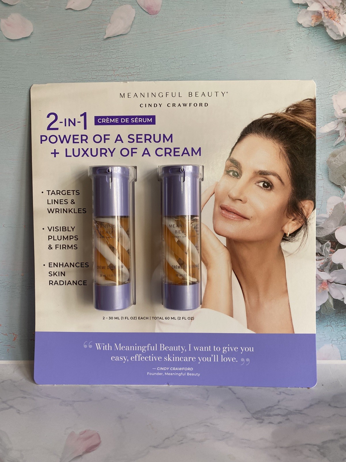 NEW MEANINGFUL BEAUTY CINDY CRAWFORD 2 in 1 Crème De Serum 2 PK, 1 Fl Oz Each