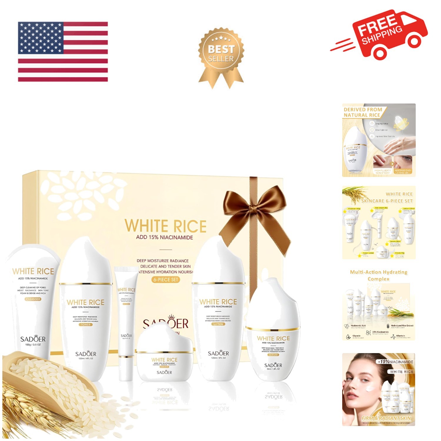 For SADOER 6pcs Rice Niacinamide Firming Skincare Kit – Full Daily Facial Rou…