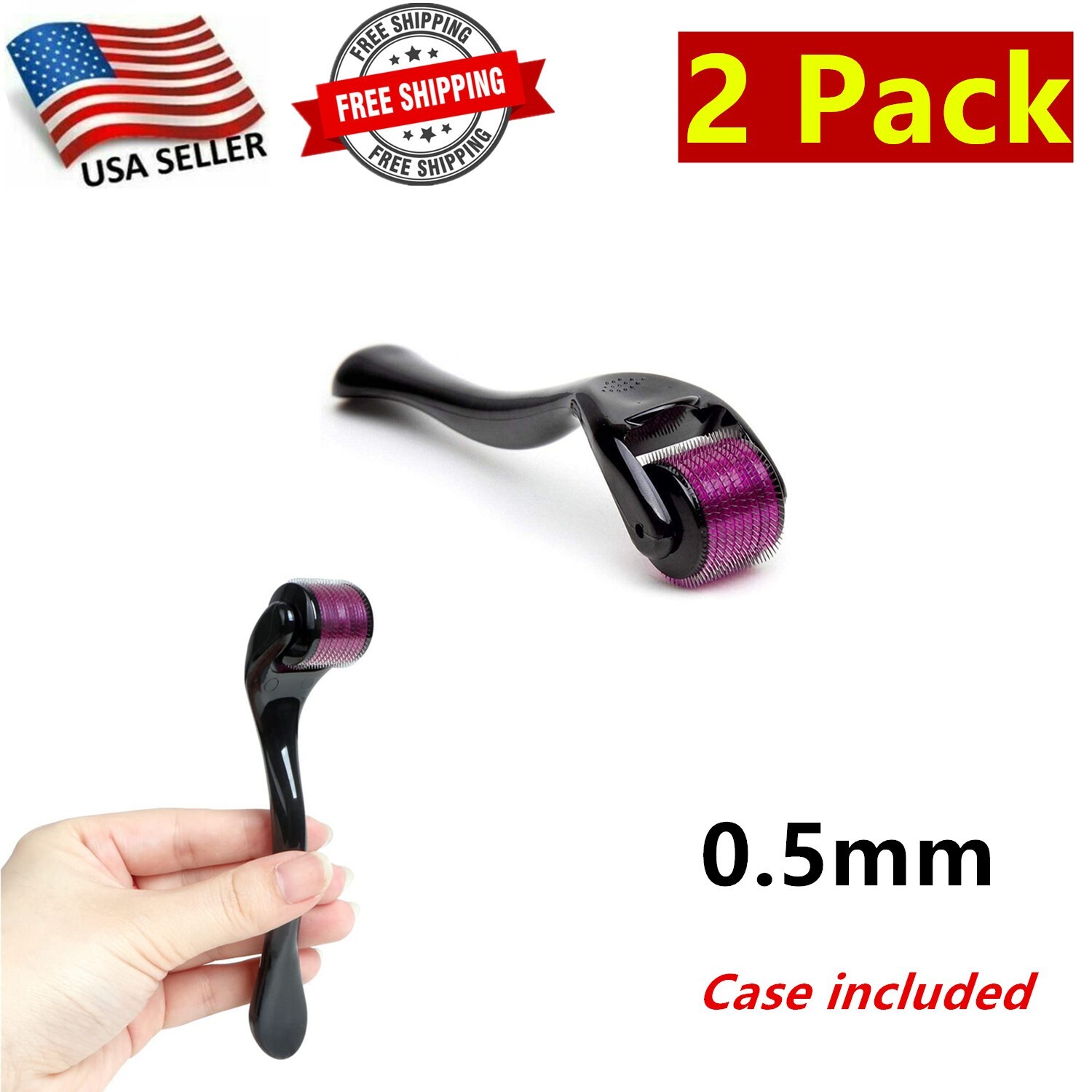 2 Pack of 0.5mm 540 Titanium Microneedle Scar Facial Derma Roller Dermaroller