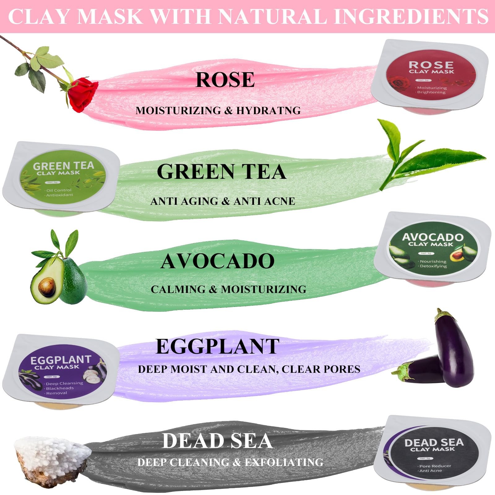 Clay Mask Set 20 Pods, Face Mask Skin Care, Green Tea, Turmeric, Dead Sea Mud…