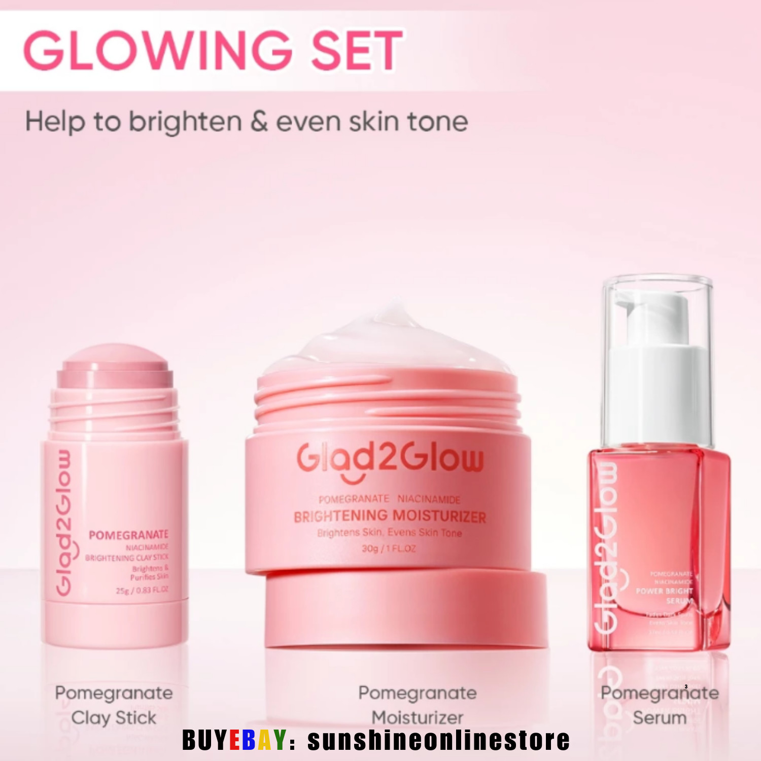 Glad2Glow 3 In 1 Skincare Set Clay, Brightening Glowing Moisturizer Facial Serum