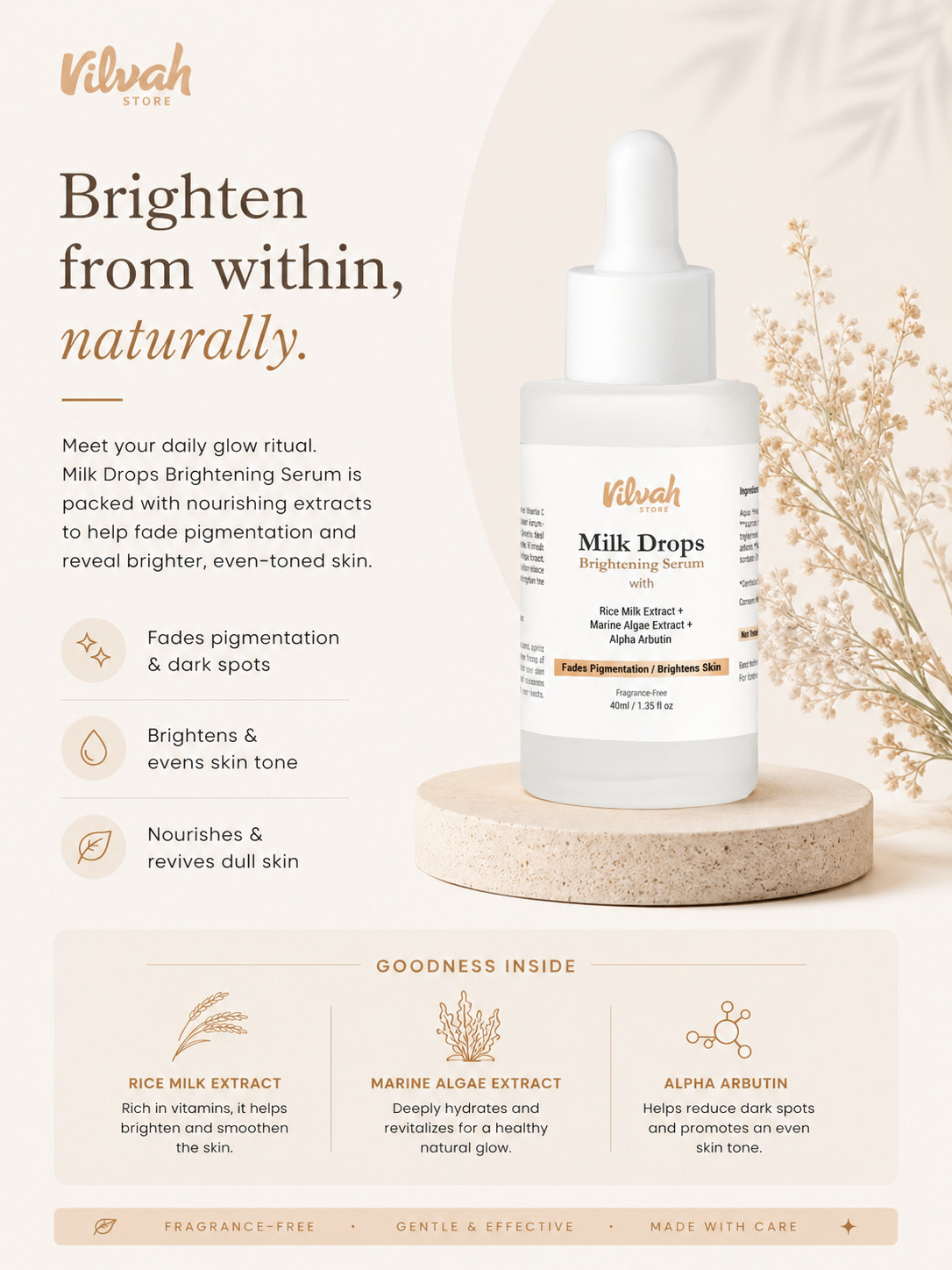 Vilvah Milk Drops Brightening Face Serum | Helps Reduce Dark Spots, 40ml
