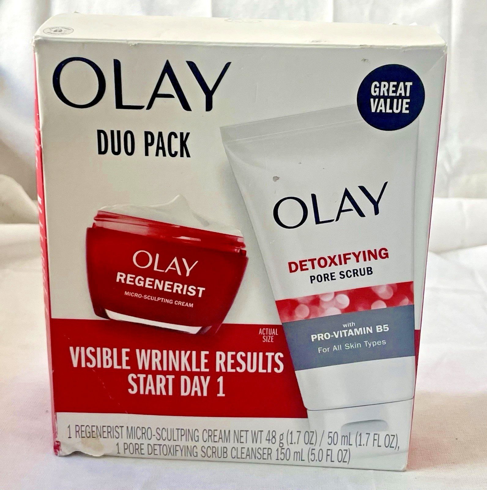 Olay Duo Pack Regenerist Micro-Sculpting Cream 1.7 OZ Detoxifying Pore Scrub 5oz