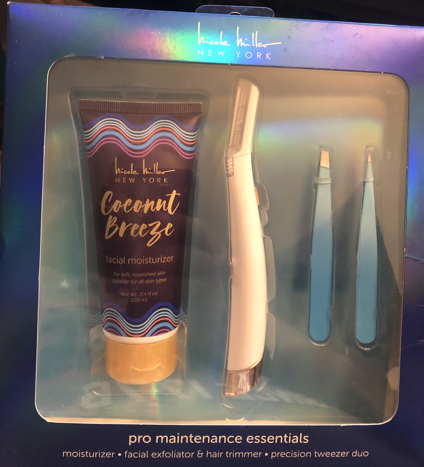 Nicole Miller NY Pro Maintenance Essentials Moisturizer, Exfoliator, Tweezer Set